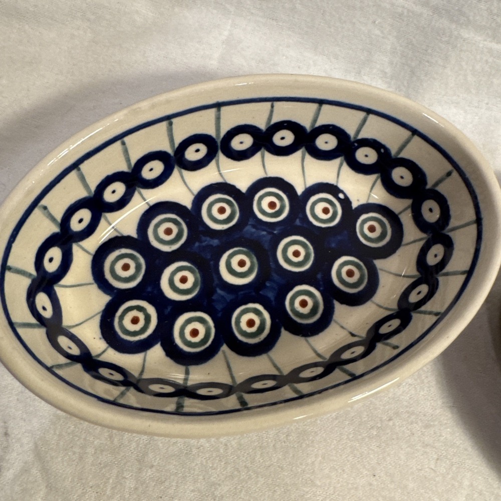 SET of 2 Boleslawiec Polish Pottery Dish Peacock Circle Oval Au Gratin Baking - Picture 2 of 5